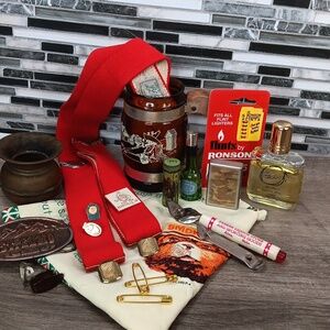 Vintage Mens Vanity Eclectic Red L.L. Bean Suspenders Brass Spitoon Tie Tacks